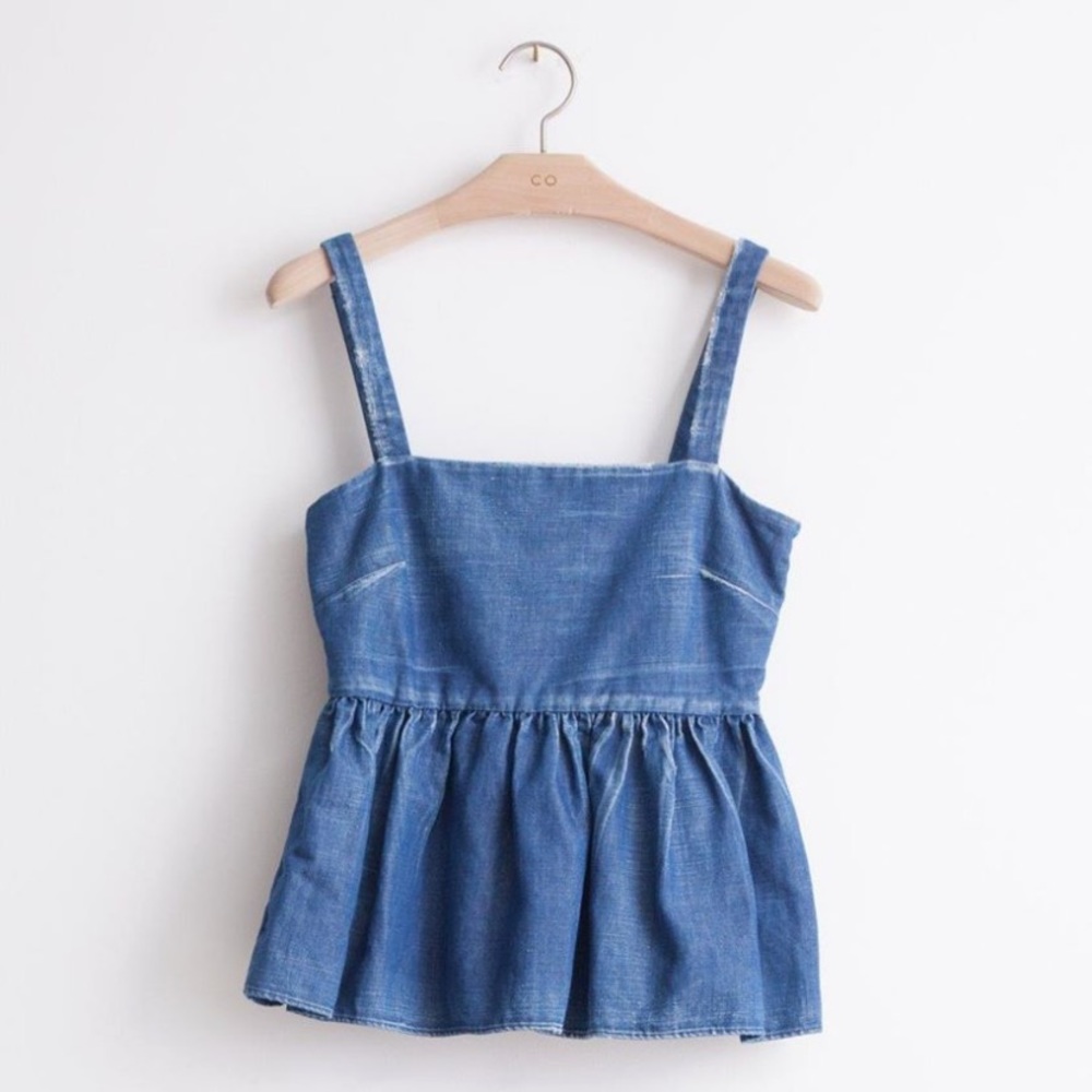 CO sleeveless square neck peplum ruffle top indigo